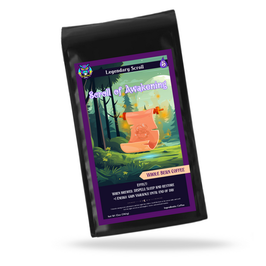 Coffee package with a fantasy design labeled 'Scroll of Awakening' on a white background